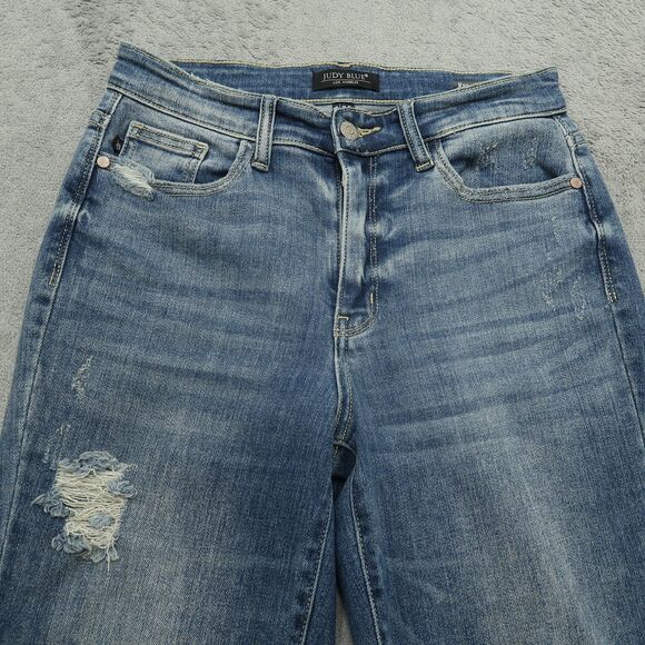 Judy Blue Jeans Junior's 1/25 Mid-Rise Relaxed Straight 25" Inseam Destroyed - Picture 14 of 16